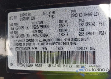 1998 Dodge Ram 1500 St/Ws z USA, uszkodzony, nr VIN 1B7HC16X1WS513498